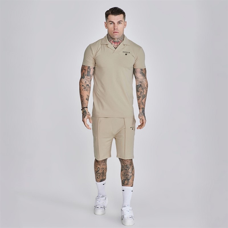 SikSilk Heren Polo Shirt En Korte Broek Set Beige